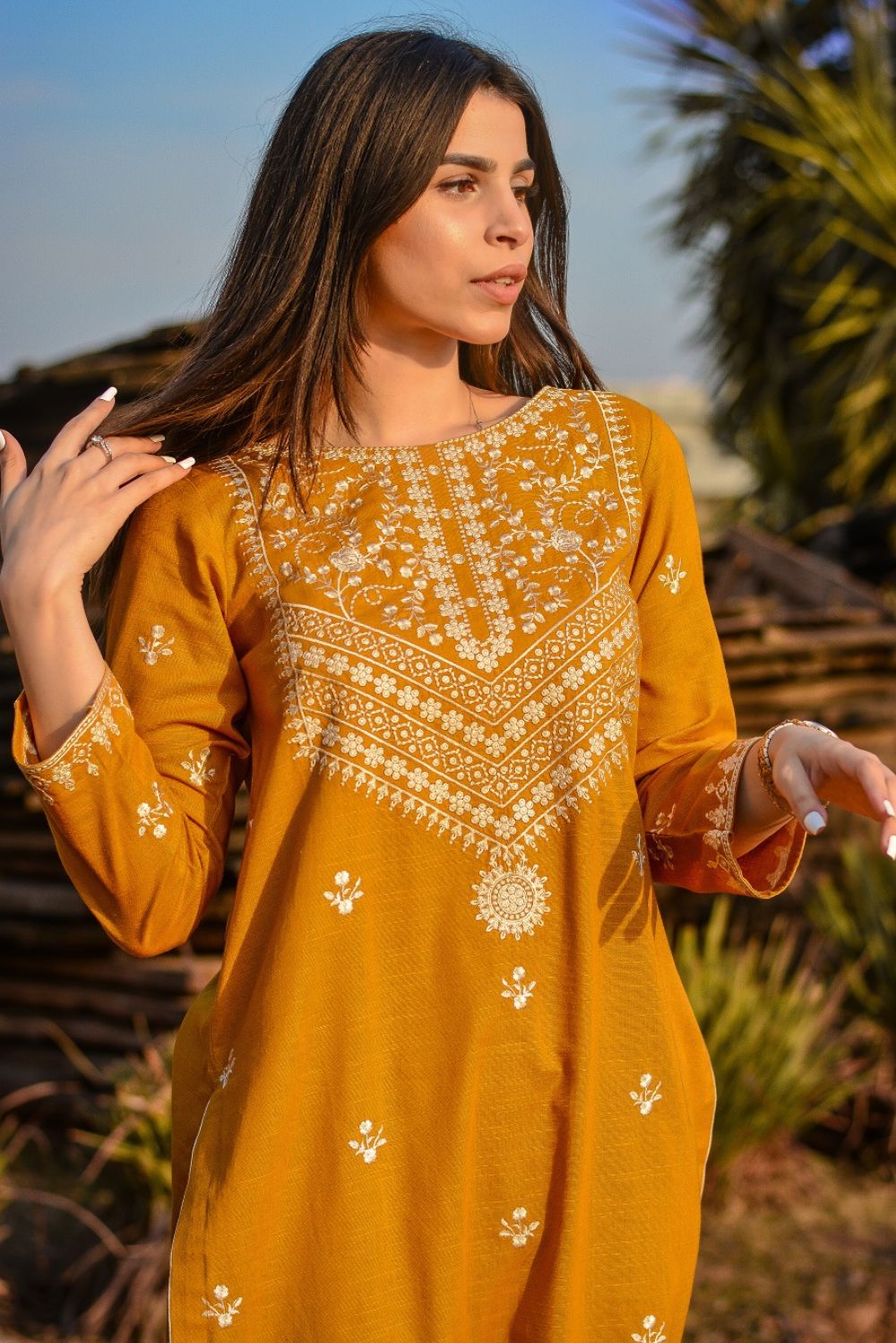 2 Piece - Dhanak Full Heavy Embroidered Suit with Dhanak Embroidered Trouser (Unstitched)