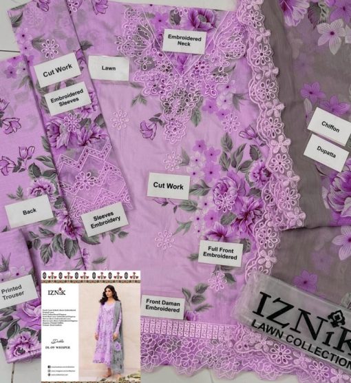 3 Piece - Iznik Printed Lawn Embroidered+ Chikenkari Suit with Printed Chiffon Duppatta (Unstitched)
