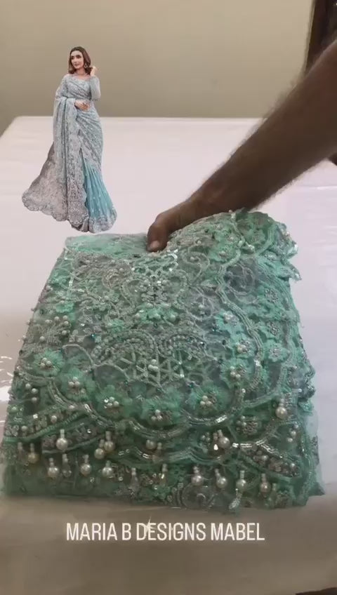 Load video: Saree - Maria B Net Full Heavy Embroidered Saree with Heavy Embroidered Sleeves and Palo (Unstitched)