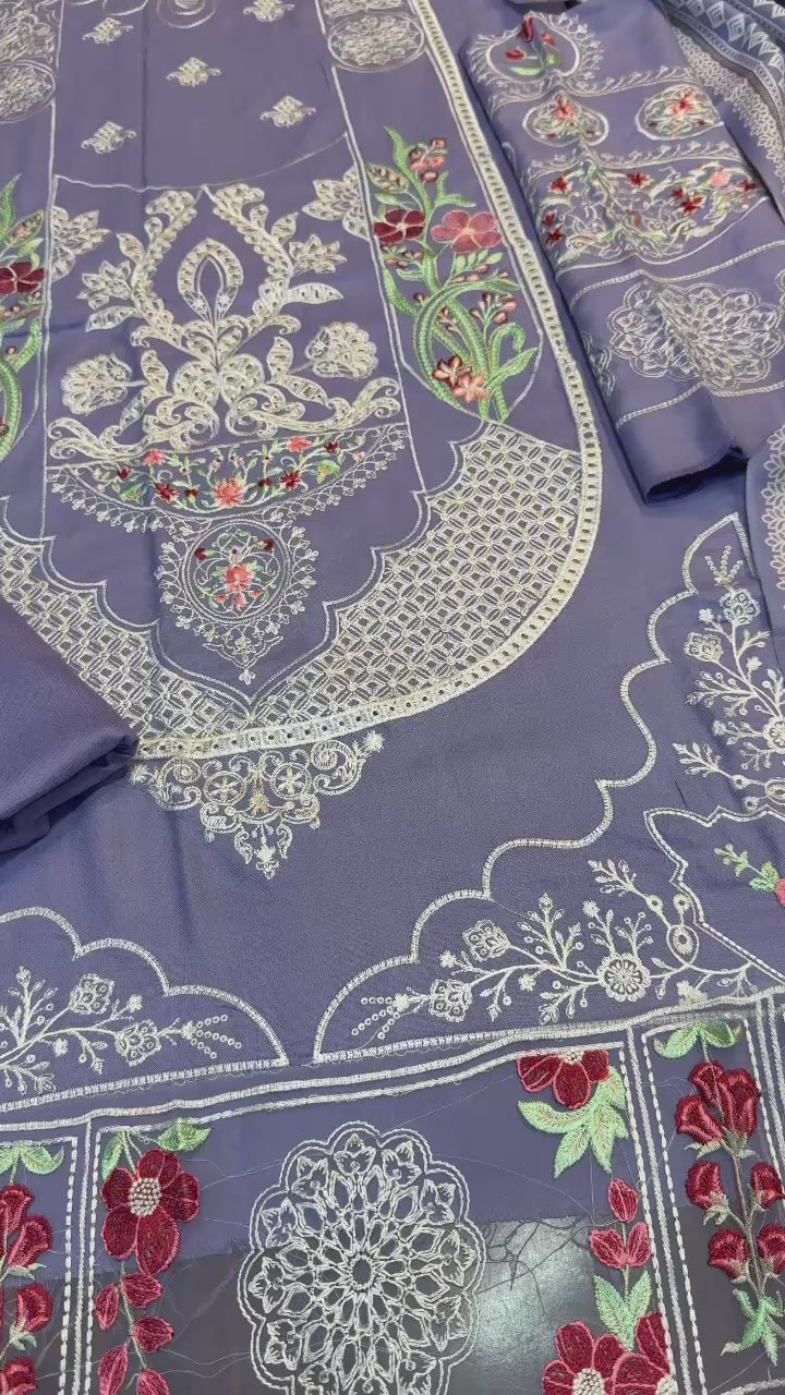 Load video: 3 Piece - Dhanak Full Heavy Embroidered Suit with Printed Pashmina Wool Shawl (Unstitched)