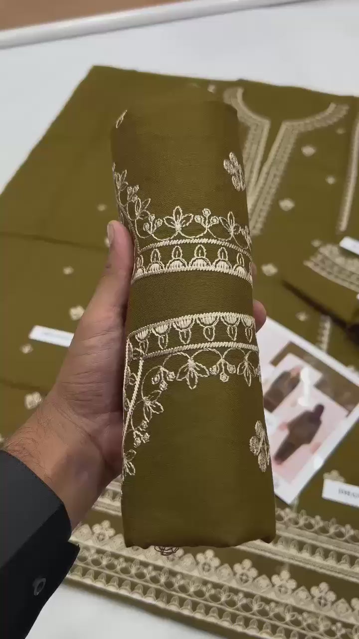 Load video: 3 Piece - Laam Dhanak Full Heavy Embroidered Suit with Dhanak Embroidered Shawl (Unstitched)