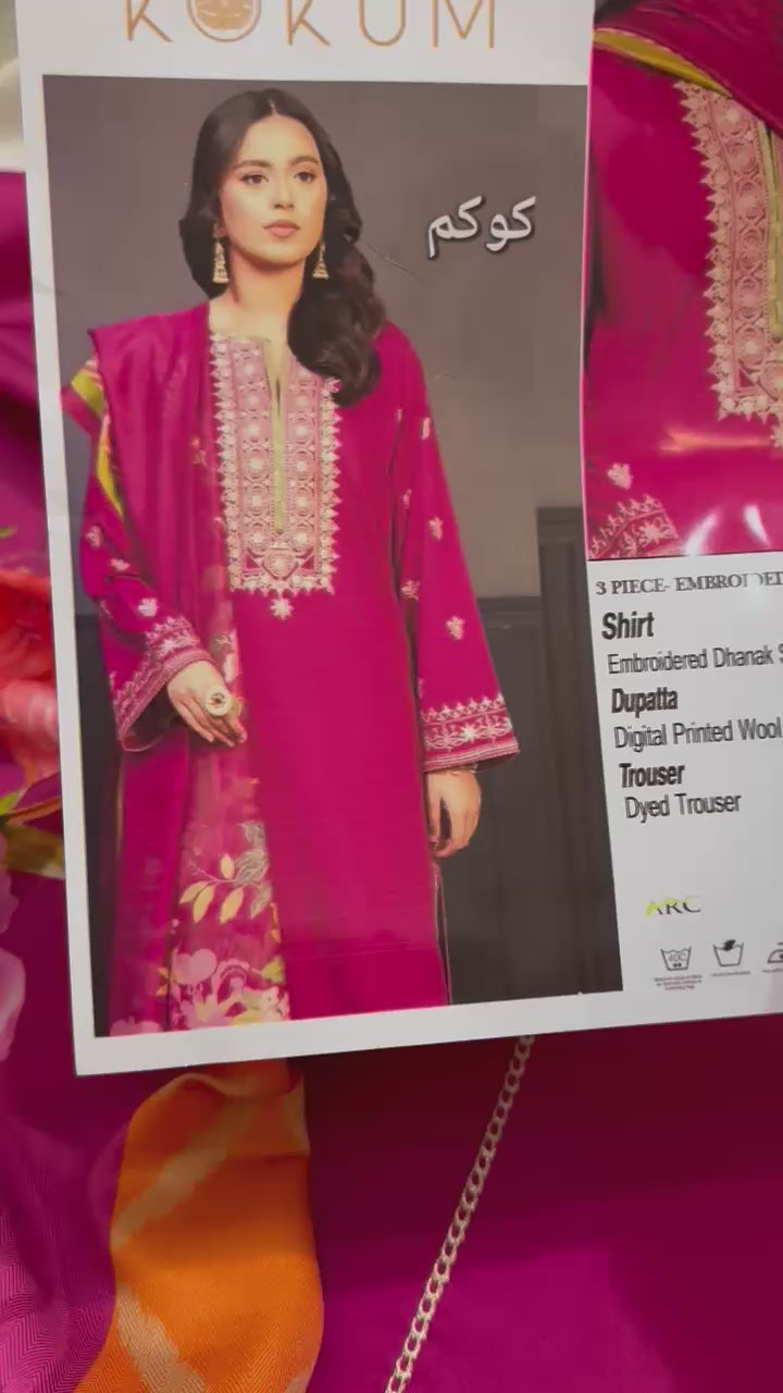 Load video: 3 Piece - Dhanak Heavy Embroidered Suit with Digital Printed Pashmina Shawl (Unstitched)