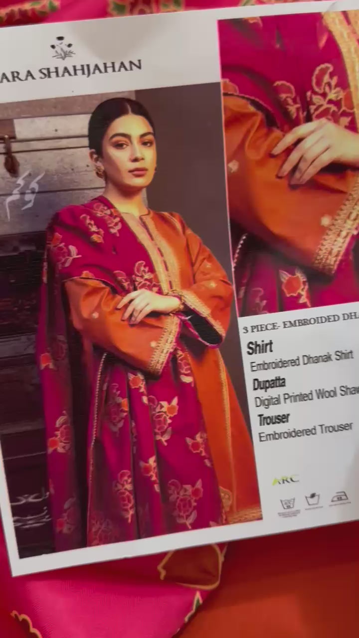 Load video: 3 Piece - Dhanak Heavy Embroidered Suit with Digital Printed Pashmina Shawl (Unstitched)
