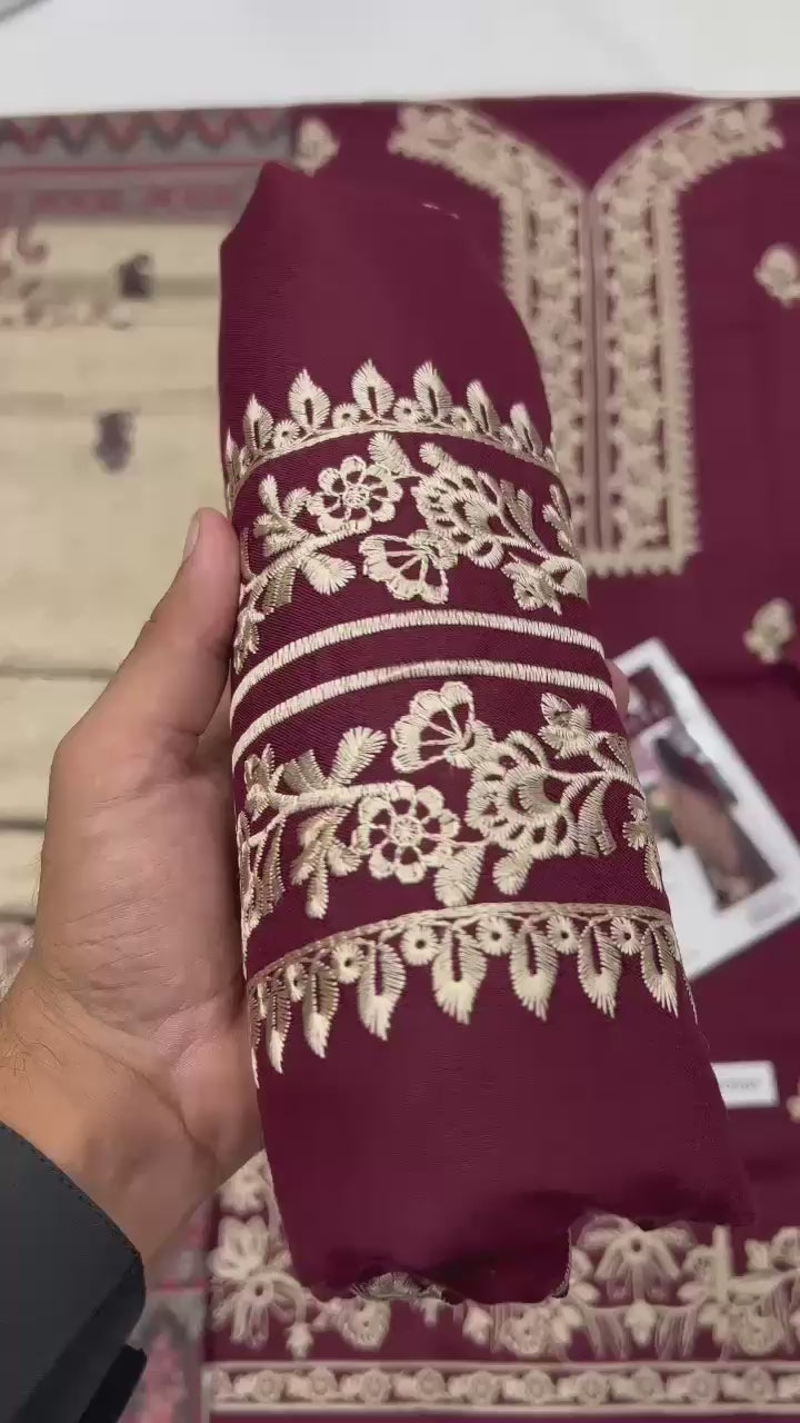 Load video: 3 Piece - Dhanak Full Heavy Embroidered Suit with Digital Printed Wool Shawl (Unstitched)