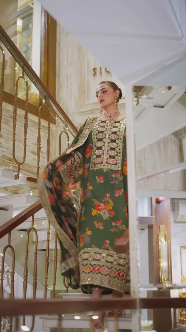 Load video: 3 Piece - Silk Heavy Embroidered Suit with Silk Digital Print Embroidered Duppatta (Unstitched)