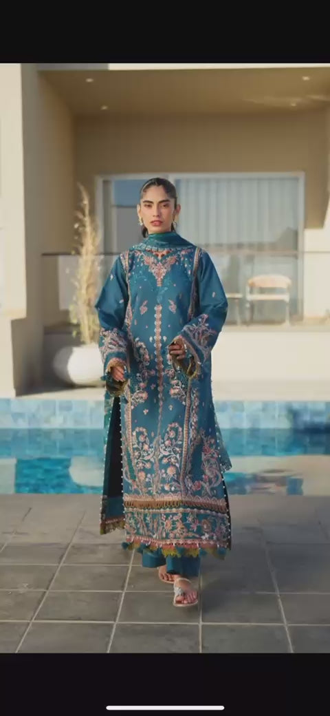 Load video: 3 Piece - Dhanak Embroidered Suit with Dhanak Digital Printed Shawl (Unstitched)