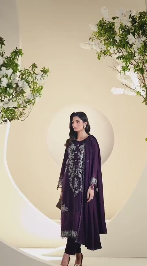 Load video: 3 Piece - Maria B Dhanak Embroidered Suit with Dhanak Heavy Embroidered Shawl (Unstitched)