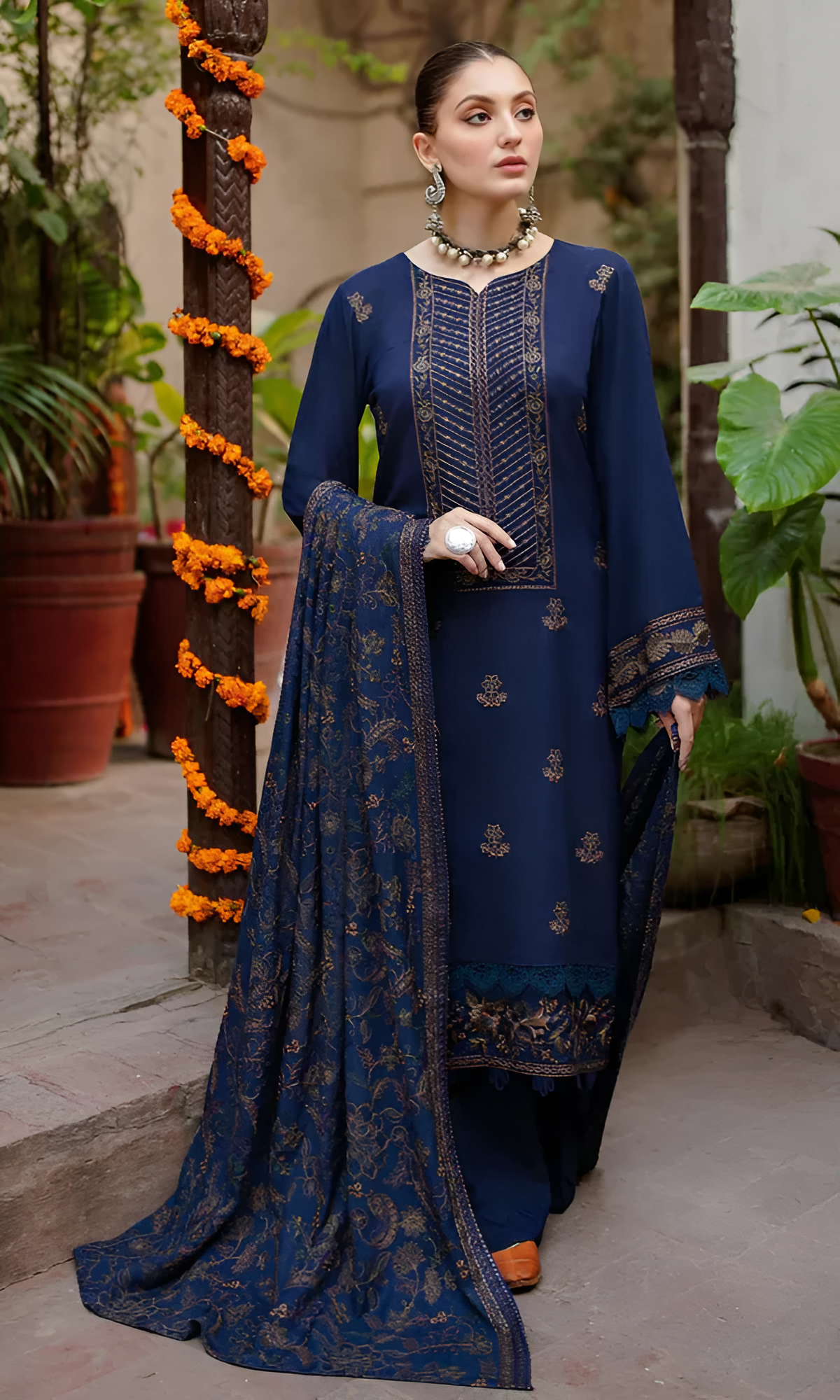 3 Piece - Dhanak Embroidered Suit with Dhanak Heavy Embroidered Shawl (Unstitched)