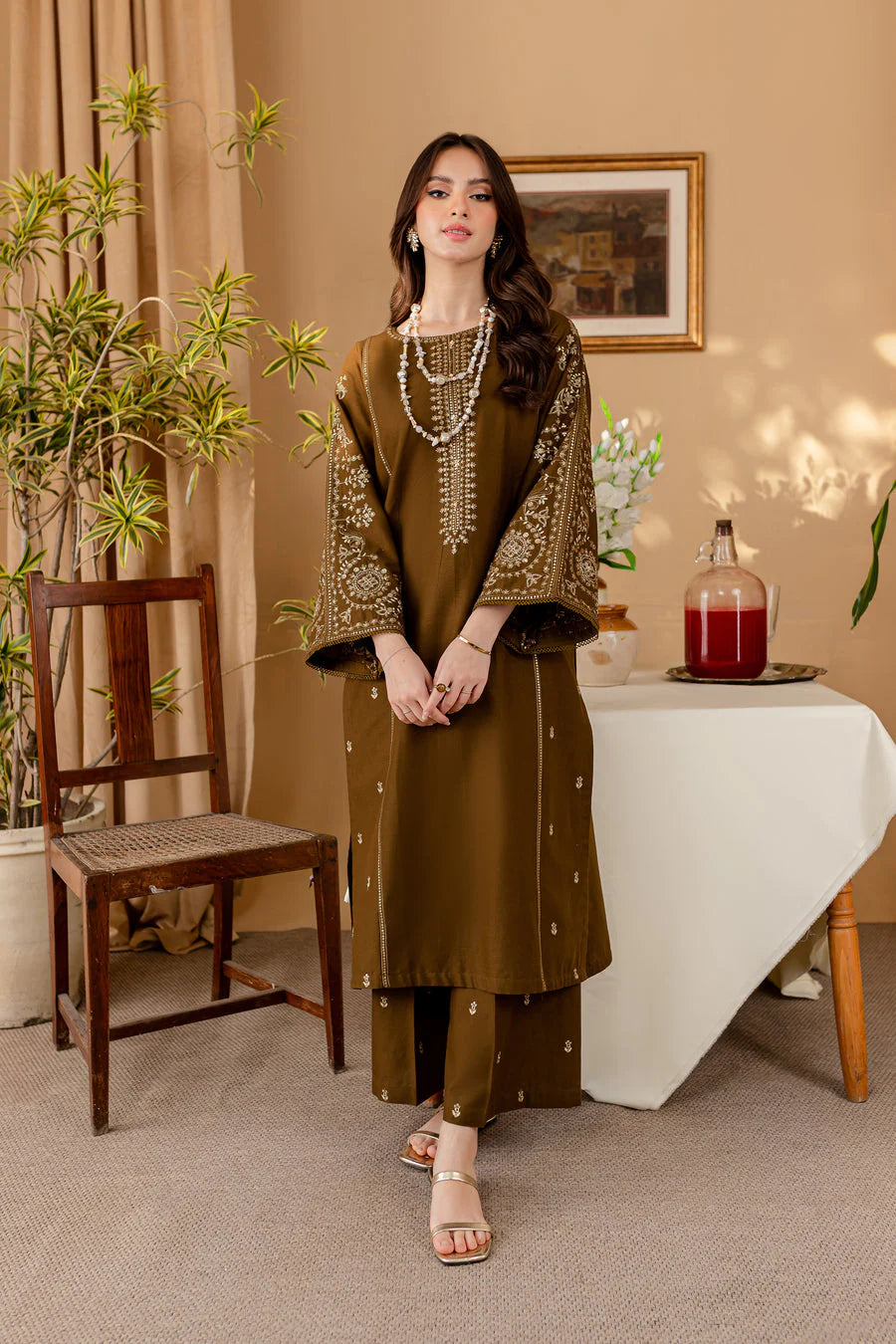2 Piece - Dhanak Embroidered Suit with Embroidered Dhanak Trouser (Unstitched)