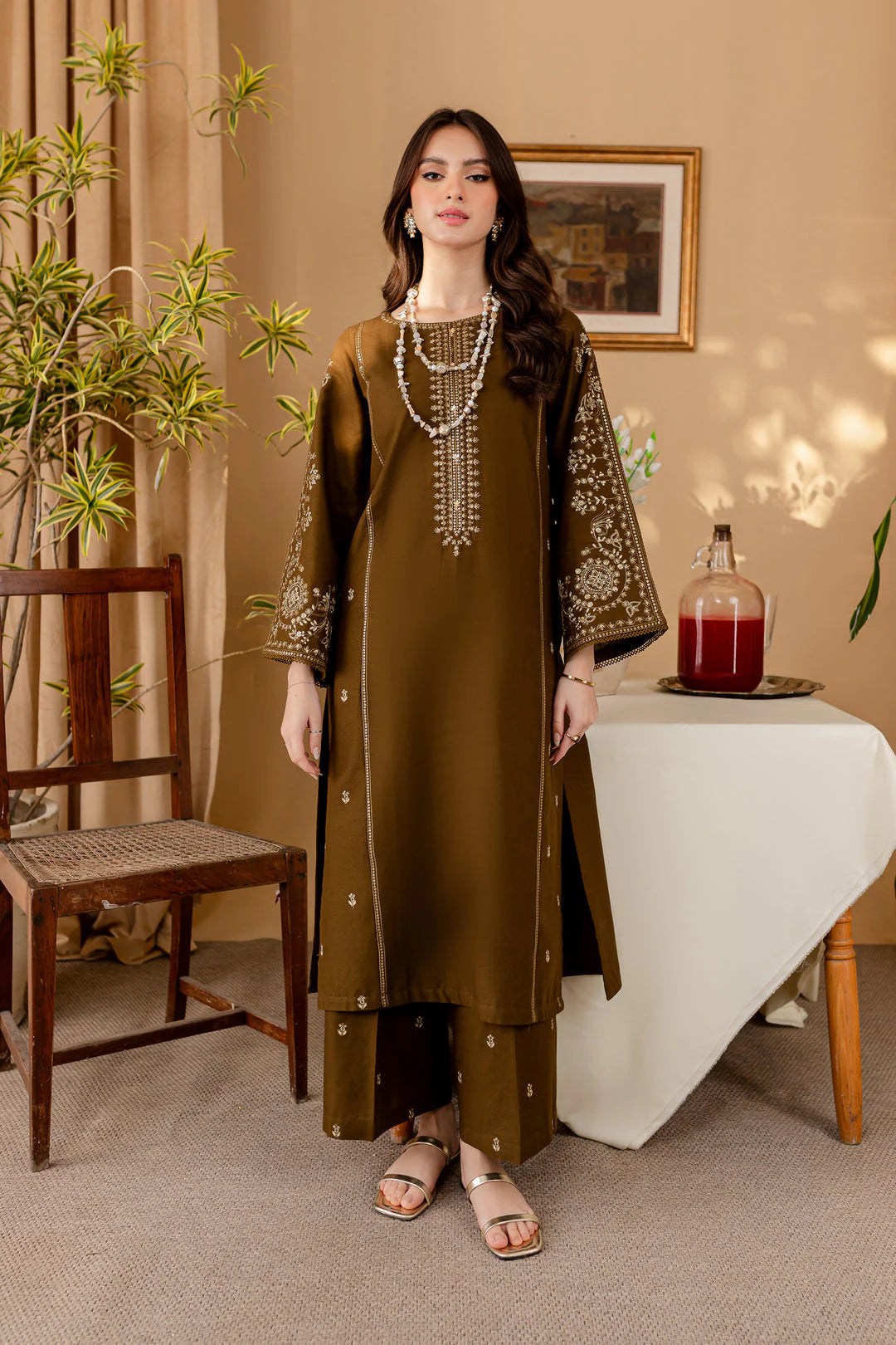 2 Piece - Dhanak Embroidered Suit with Embroidered Dhanak Trouser (Unstitched)