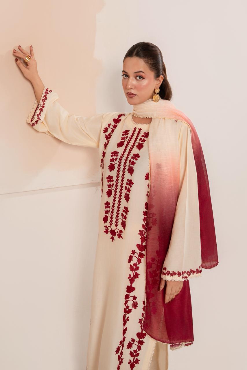 3 Piece - Dhanak Embroidered Suit with Digital Printed Wool Shawl (Unstitched)