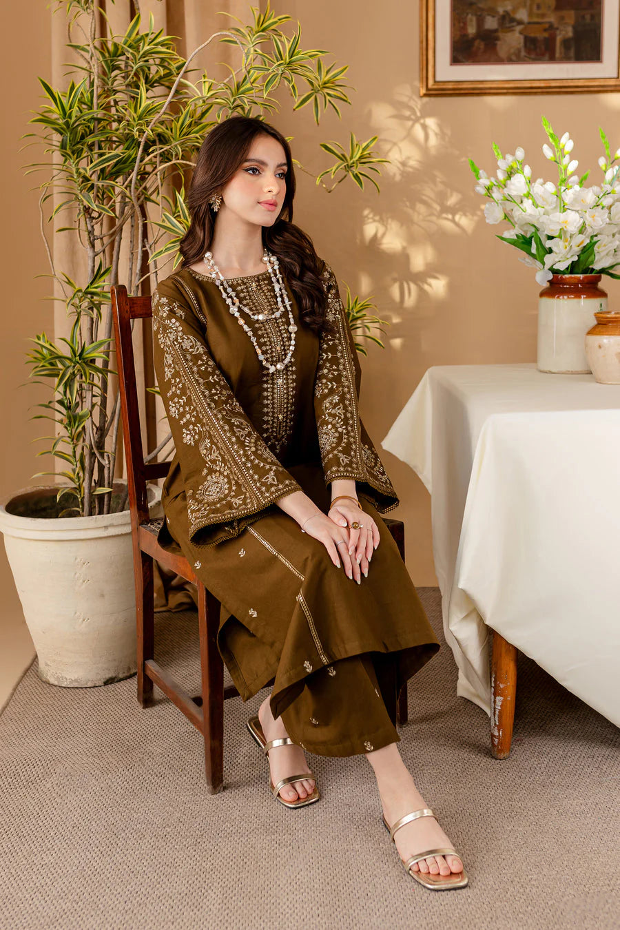2 Piece - Dhanak Embroidered Suit with Embroidered Dhanak Trouser (Unstitched)
