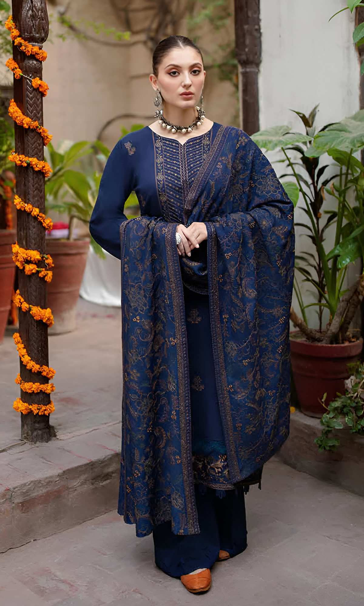 3 Piece - Dhanak Embroidered Suit with Dhanak Heavy Embroidered Shawl (Unstitched)