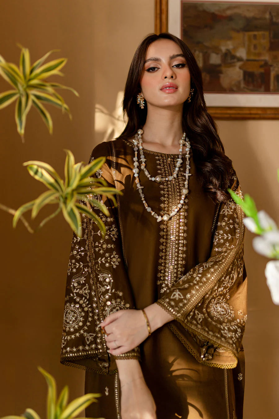 2 Piece - Dhanak Embroidered Suit with Embroidered Dhanak Trouser (Unstitched)