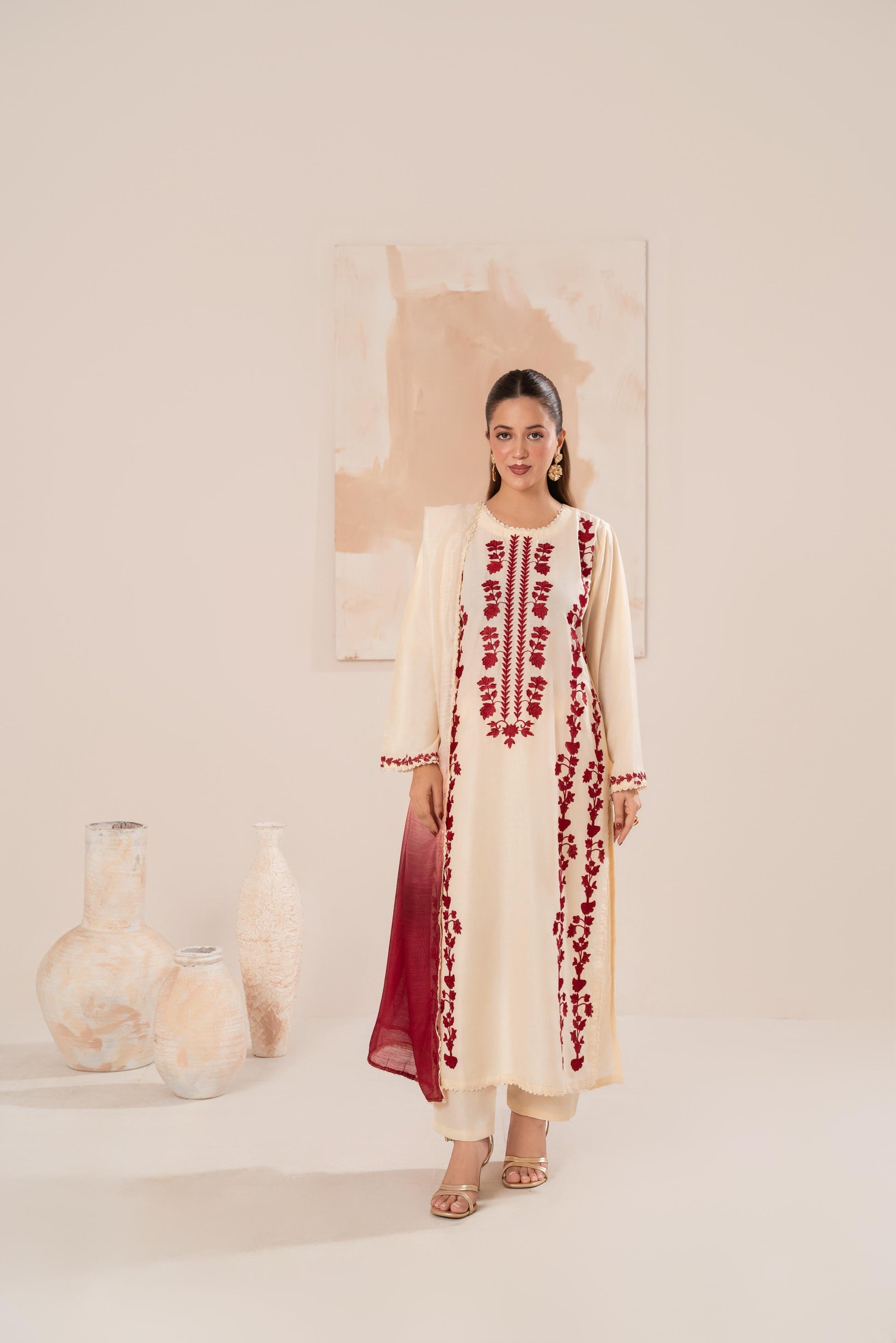 3 Piece - Dhanak Embroidered Suit with Digital Printed Wool Shawl (Unstitched)