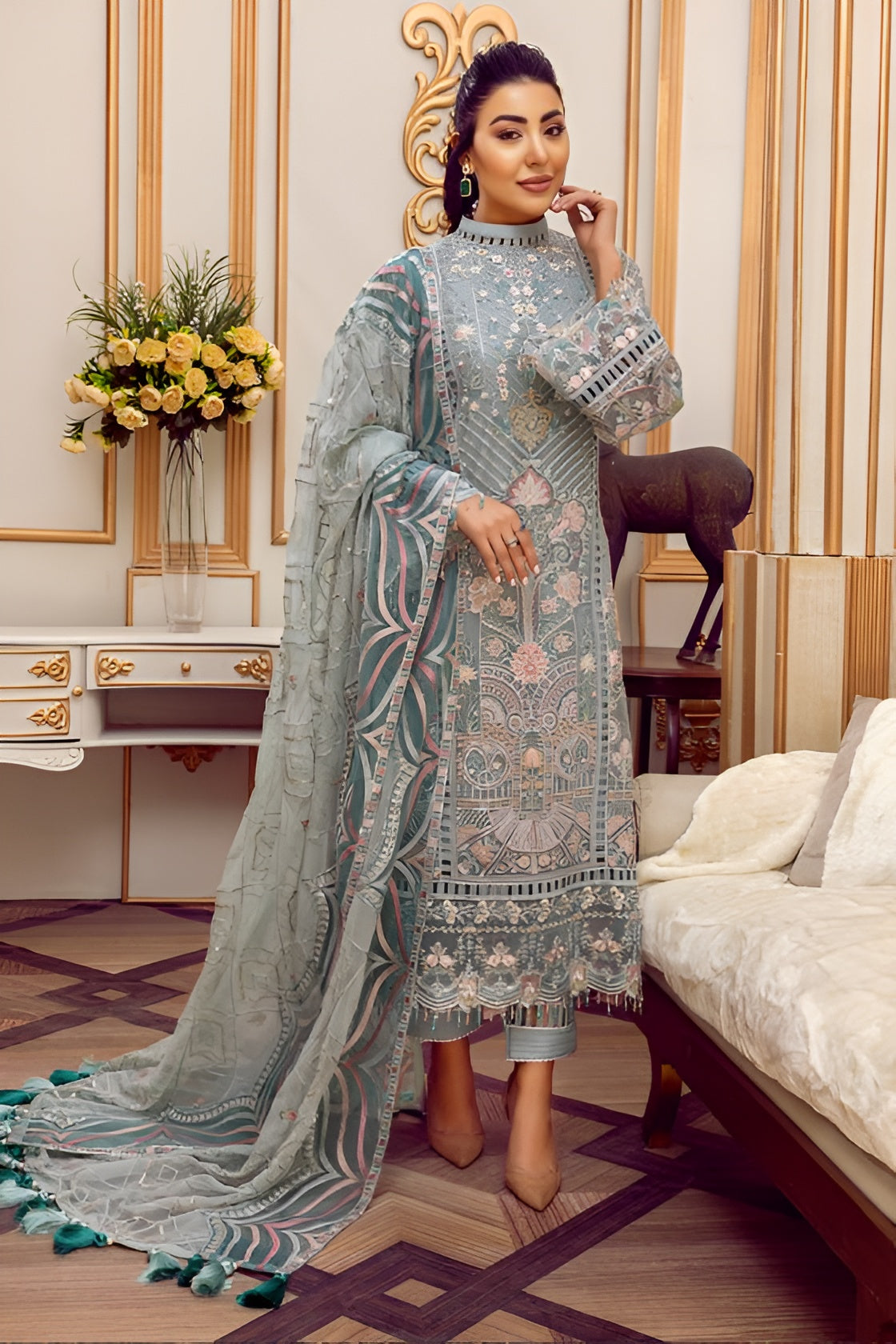 3 Piece - Chiffon Full Heavy Embroidered Suit with Chiffon Embroidered Duppatta (Unstitched)