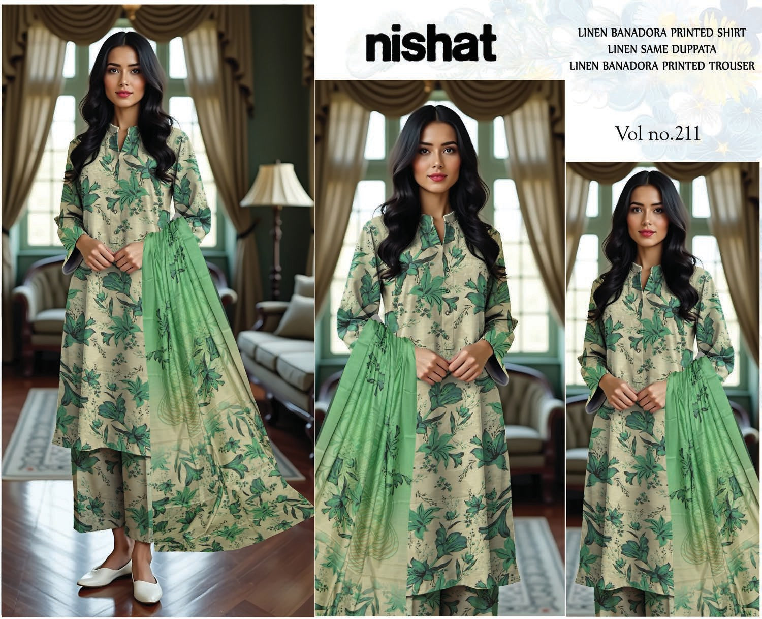 3 Piece - Nishat BanaDora Printed Linen Suit with Linen Duppatta (Unstitched)