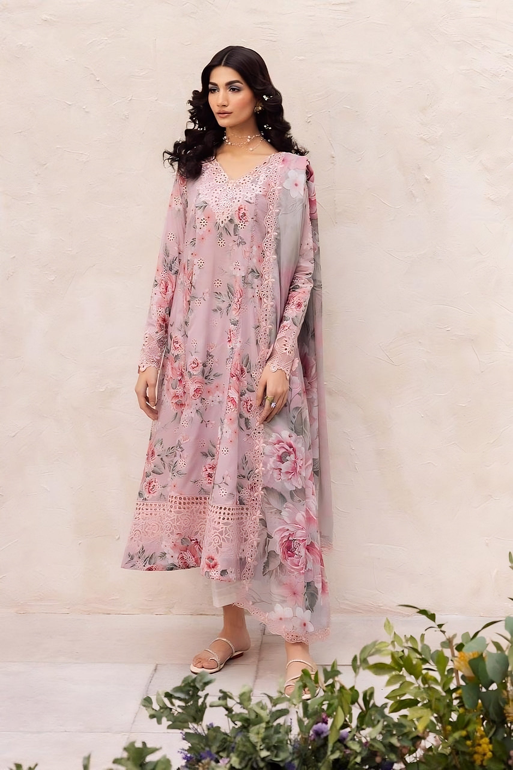 3 Piece - Iznik Printed Lawn Embroidered+ Chikenkari Suit with Printed Chiffon Duppatta (Unstitched)