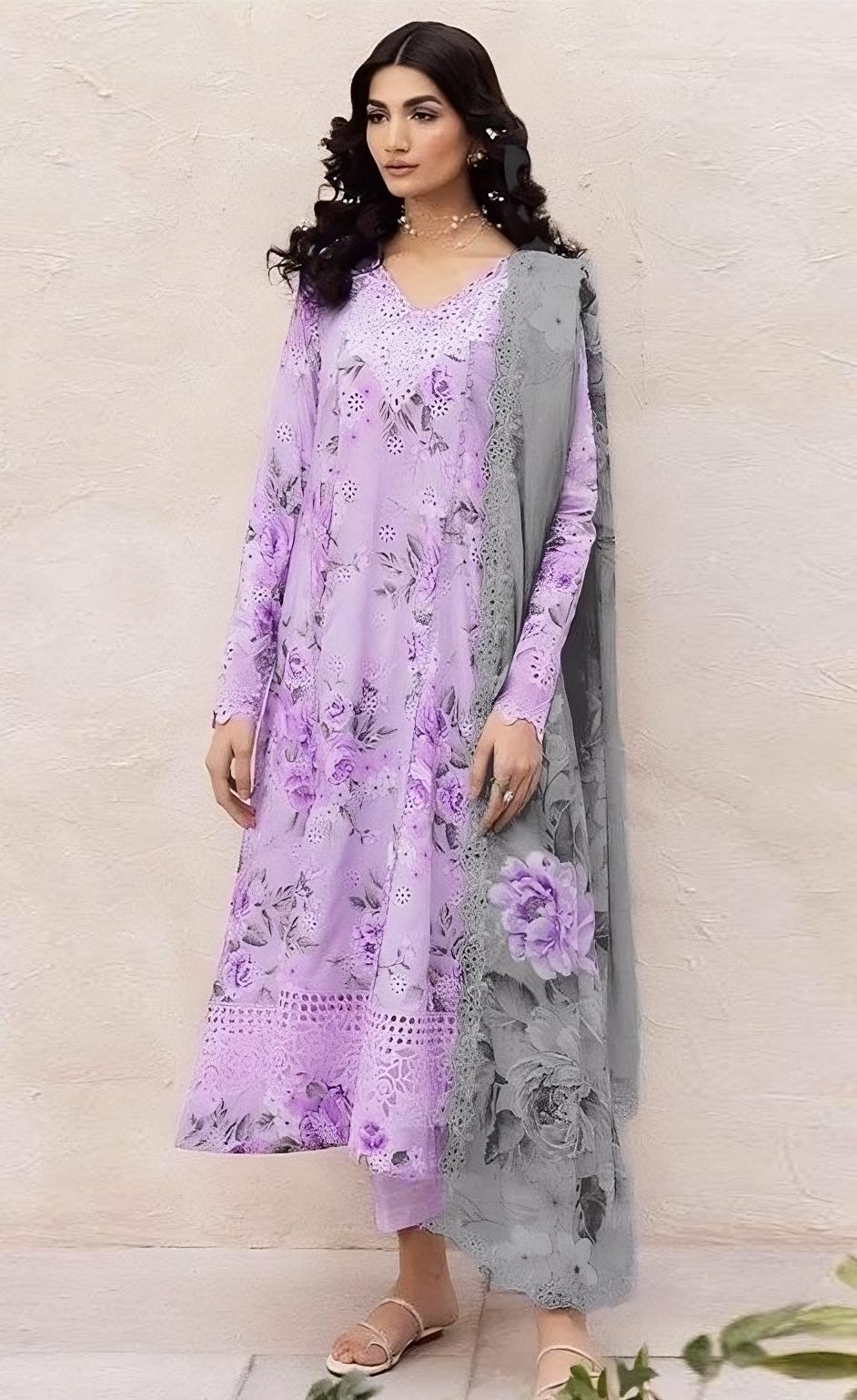 3 Piece - Iznik Printed Lawn Embroidered+ Chikenkari Suit with Printed Chiffon Duppatta (Unstitched)