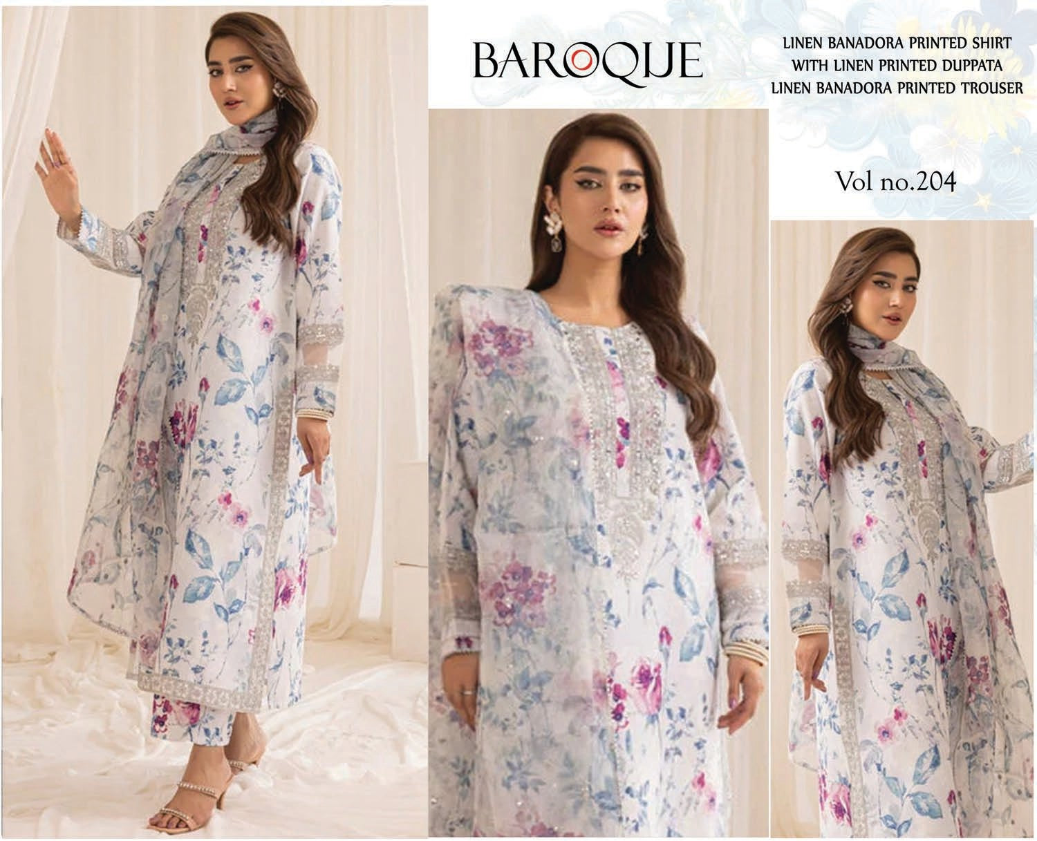 3 Piece - Baroque BanaDora Printed Linen Suit with Linen Duppatta (Unstitched)