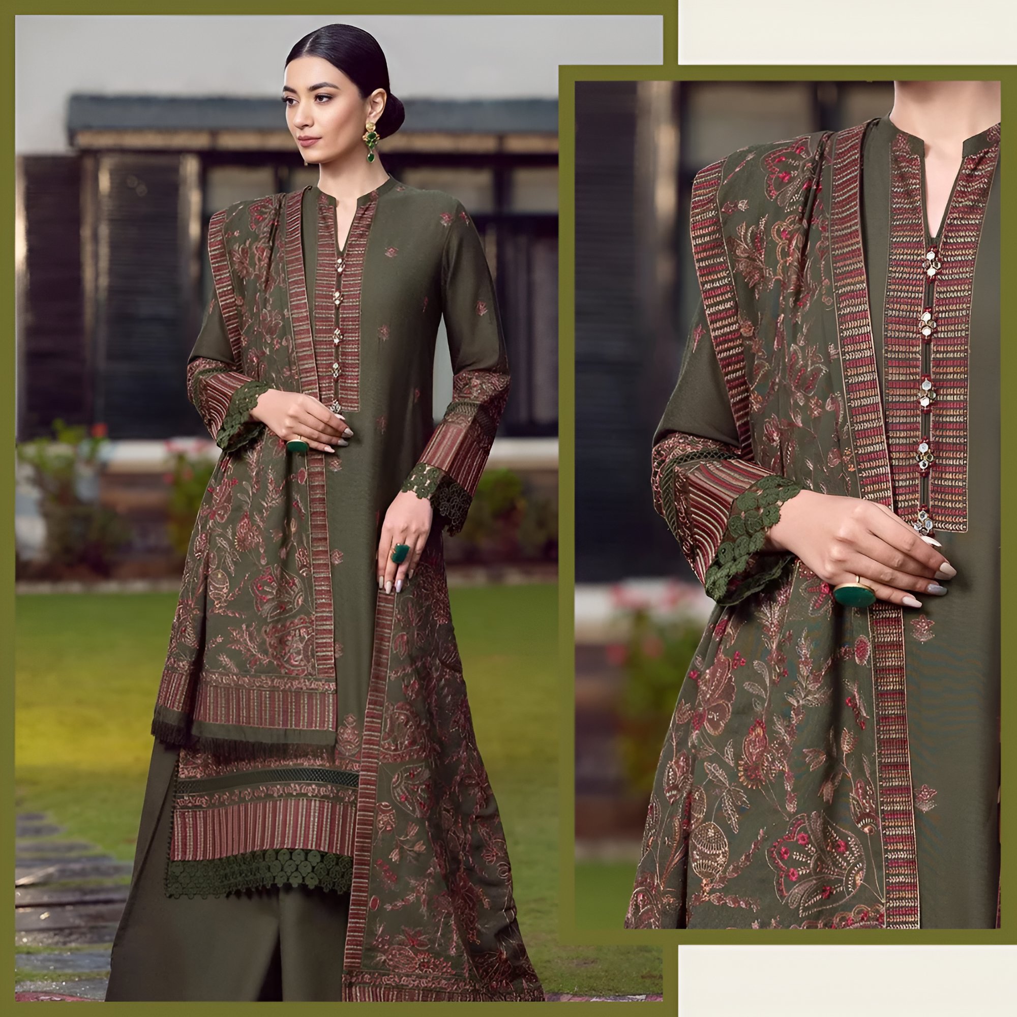3 Piece - Dhanak Embroidered Suit with Dhanak Embroidered Shawl (Unstitched)