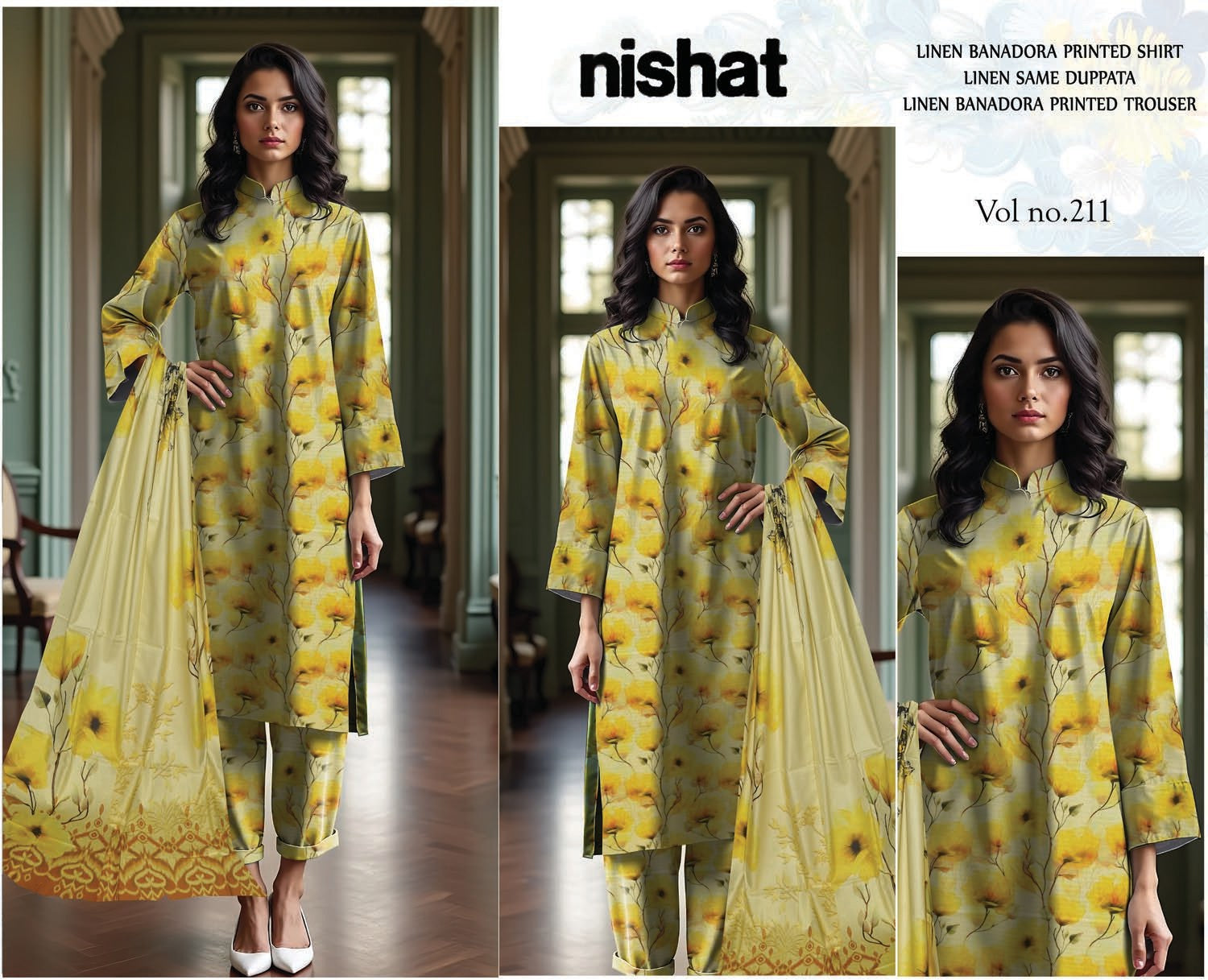 3 Piece - Nishat BanaDora Printed Linen Suit with Linen Duppatta (Unstitched)